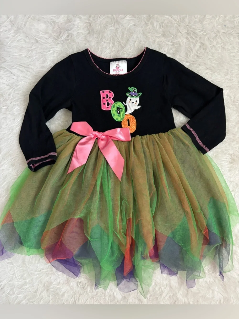 Ruffle Girl Black Halloween Tutu Dress with Green, Orange & Pink Boo Graphic